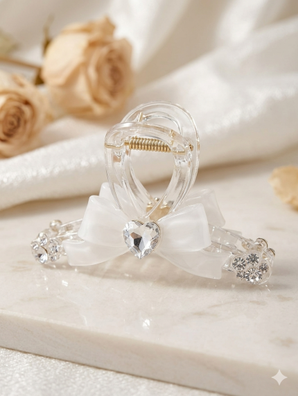 Luxury Crystal Heart & Bow Hair Claw Clip
